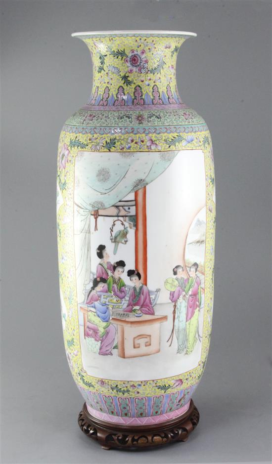 A large Chinese famille rose cylindrical vase, 58.5cm, wood stand